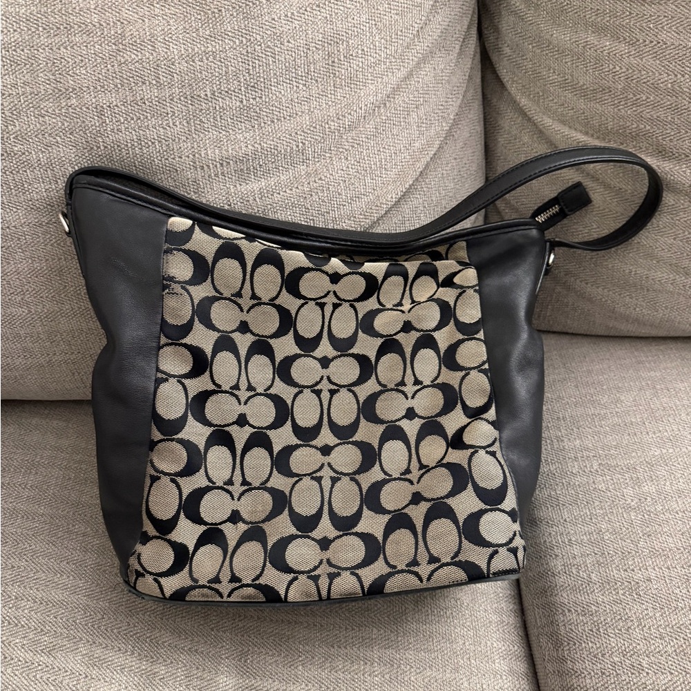 Coach Purse Black & Tan Signature Canvas Leather Shoulder Bag Classic Hobo 23702